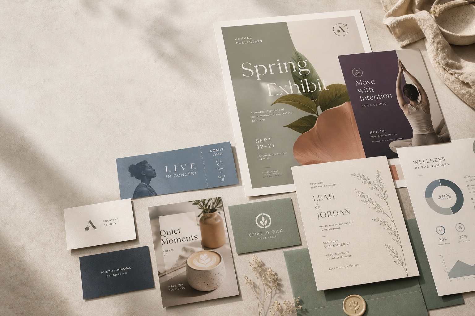 Editorial flat lay of posters, fliers, cards, invitations, tickets, and infographics