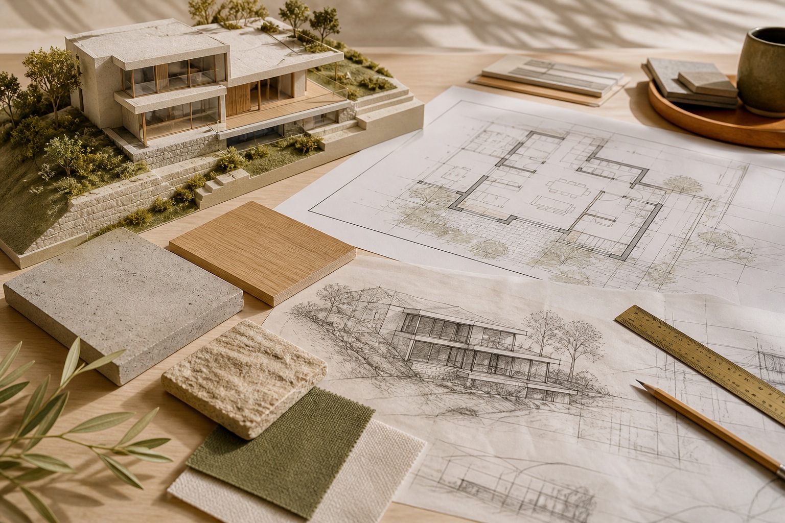 Architecture model, drawings, and material samples